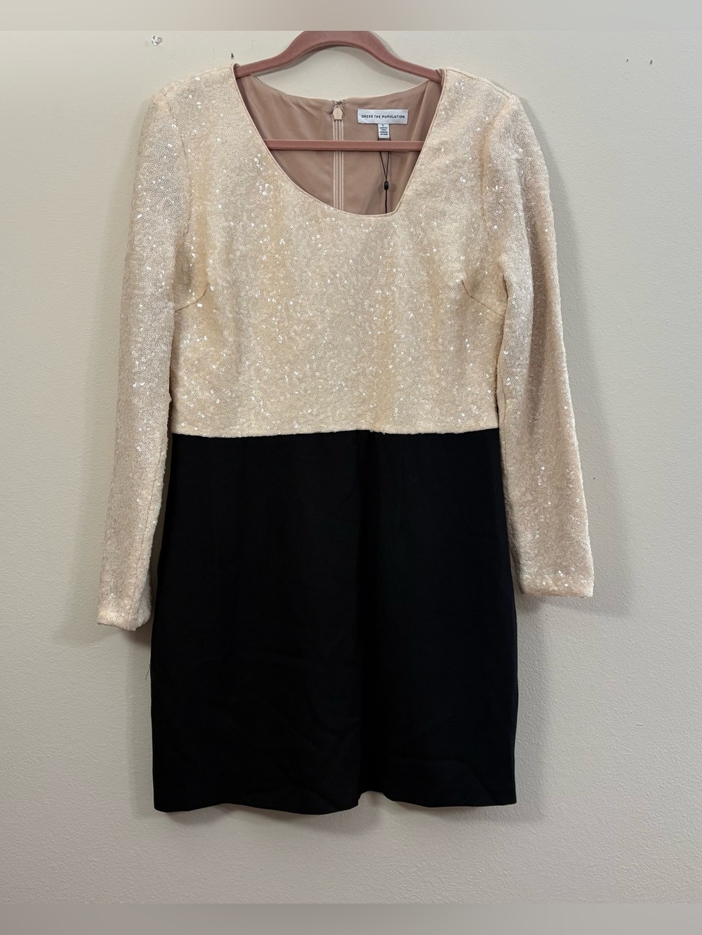 Dress the Population Chante Long Sleeve Cocktail Sequin Black cream Dress L NWT